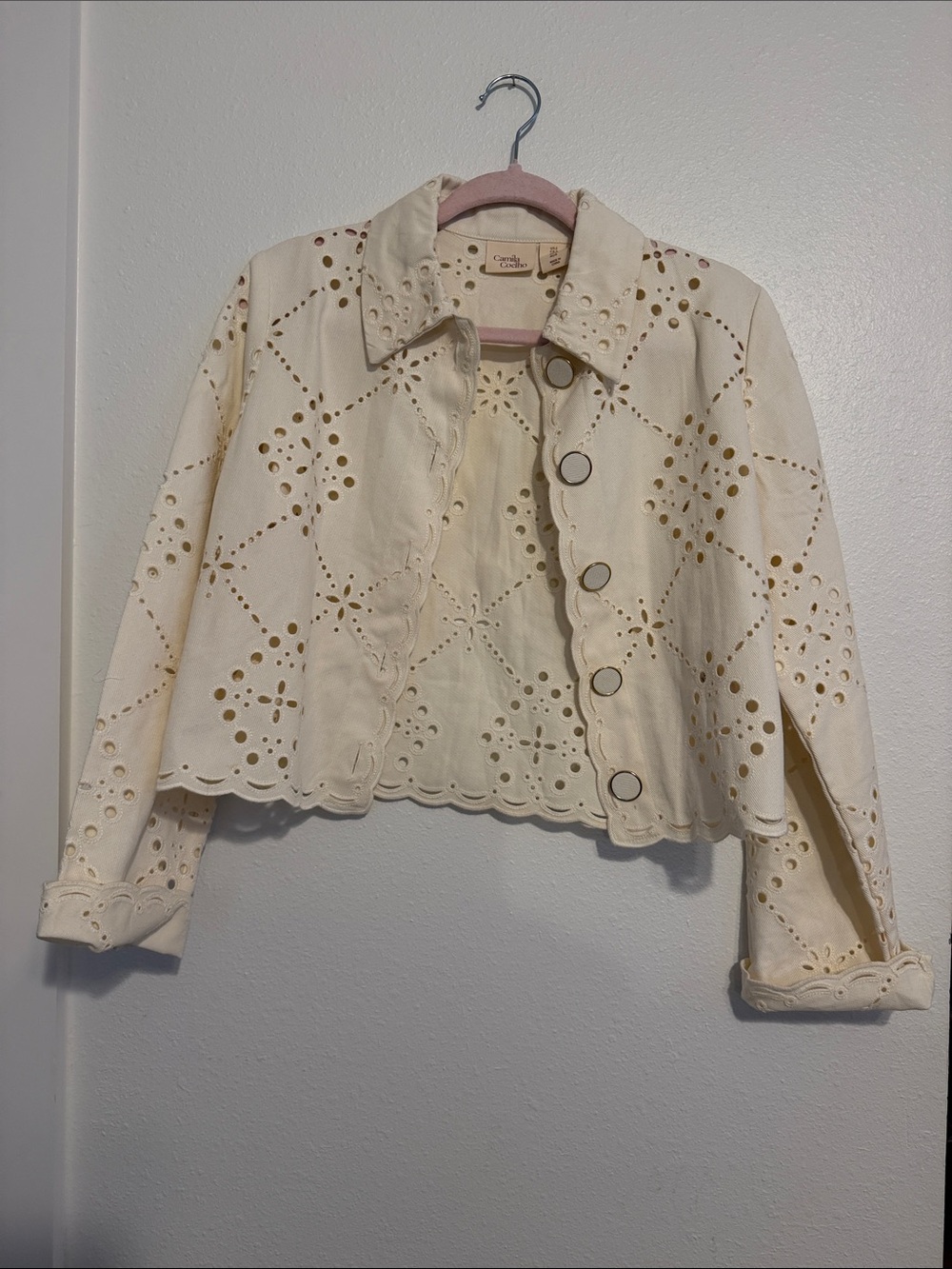 Camila Coelho Cream Eyelet Cropped Jacket